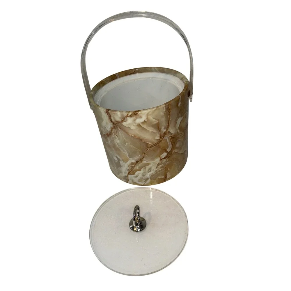 Vintage Faux Marble Onyx Ice Bucket Acrylic Handle Lid Tan Cream MCM Barware